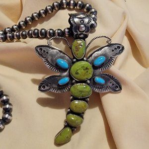 Navajo Turquoise Dragon Fly Pendant - Signed - SC